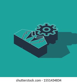 Isometric Human head with gear inside icon isolated on green background. Artificial intelligence. Thinking brain sign. Symbol work of brain.  Vector Illustration