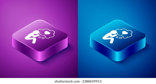 Isometric Human head with heart icon isolated on blue and purple background. Love concept with human head. Square button. Vector