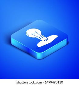 Isometric Human head with lamp bulb icon isolated on blue background. Blue square button. Vector Illustration