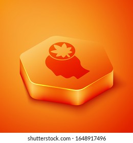 Isometric Human head with leaf icon isolated on orange background. Orange hexagon button. Vector Illustration