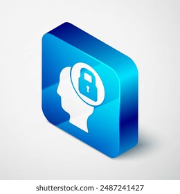 Isometric Human head with lock icon isolated on grey background. Blue square button. Vector