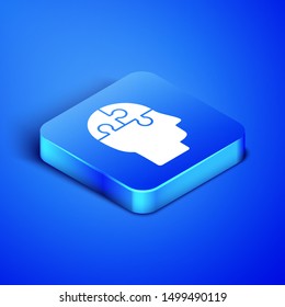 Isometric Human head puzzles strategy icon isolated on blue background. Thinking brain sign. Symbol work of brain. Blue square button. Vector Illustration