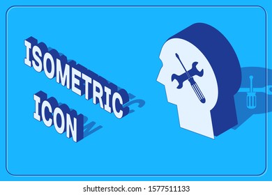 Isometric Human head with with screwdriver and wrench icon isolated on blue background. Artificial intelligence. Symbol work of brain.  Vector Illustration