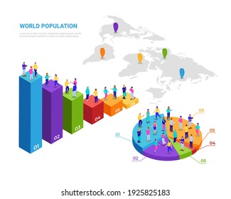 infografía de poblaciones humanas isométricas. Gráfico circular y pilares estadísticos con personas para estudiar el desarrollo de vectores demográficos.