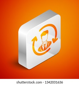 Isometric Human resources icon isolated on orange background. Concept of human resources management, professional staff research, head hunter job. Silver square button. Vector Illustration
