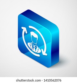 Isometric Human resources icon isolated on white background. Concept of human resources management, professional staff research, head hunter job. Blue square button. Vector Illustration