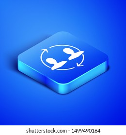 Isometric Human resources icon isolated on blue background. Concept of human resources management, professional staff research, head hunter job. Blue square button. Vector Illustration