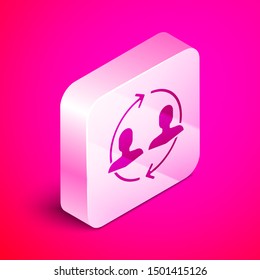 Isometric Human resources icon isolated on pink background. Concept of human resources management, professional staff research, head hunter job. Silver square button. Vector Illustration