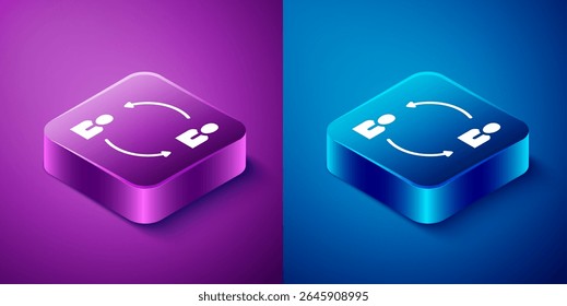 Ícone isométrico de recursos humanos isolado em fundo azul e roxo. Conceito de gestão de recursos humanos, pesquisa de pessoal profissional, trabalho de caçador de cabeça. Botão quadrado. Vetor