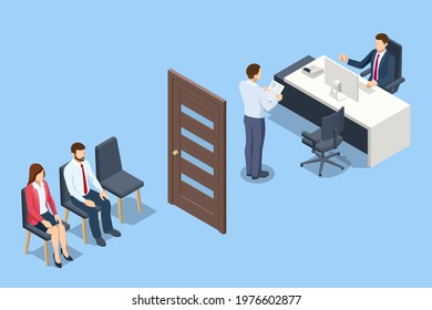 Isometric Human Resources Interview Recruitment Job. HR manager and employee candidate meeting and talking. Job interview, recruitment agency