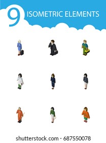 Isometric Human Set Of Cleaner, Doctor, Pedagogue And Other Vector Objects. Also Includes Nurse, Hostess, Educator Elements.