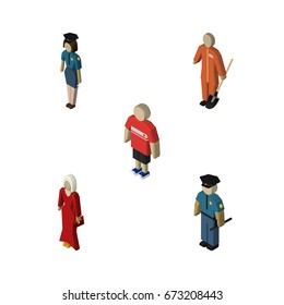 Isometric Human Set Of Cleaner, Female, Policewoman And Other Vector Objects. Also Includes Policewoman, Builder, Man Elements.