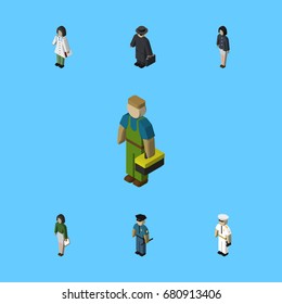Isometric Human Set Of Detective, Girl, Pedagogue And Other Vector Objects. Also Includes Mariner, Detective, Worker Elements.