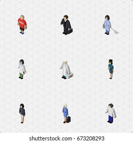Isometric Human Set Of Doctor, Hostess, Policewoman And Other Vector Objects. Also Includes Doctor, Investor, Nurse Elements.
