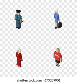 Isometric Human Set Of Female, Guy, Hostess And Other Vector Objects. Also Includes Man, Officer, Boy Elements.