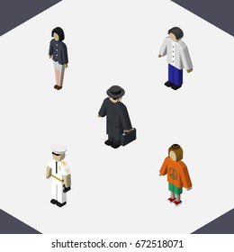 Isometric Human Set Of Girl, Lady, Detective And Other Vector Objects. Also Includes Seaman, Police, Woman Elements.