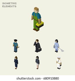 Isometric Human Set Of Girl, Seaman, Housemaid And Other Vector Objects. Also Includes Police, Human, Housemaid Elements.