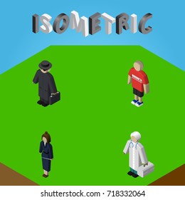 Isometric Human Set Of Guy, Detective, Medic And Other Vector Objects. Also Includes Medic, Police, Hospital Elements.