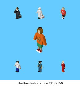 Isometric Human Set Of Guy, Investor, Officer And Other Vector Objects. Also Includes Hippie, Guy, Human Elements.