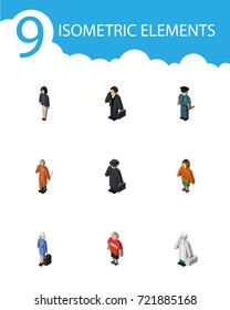 Isometric Human Set Of Hostess, Guy, Detective And Other Vector Objects. Also Includes Hippie, Boy, Builder Elements.
