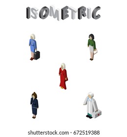 Isometric Human Set Of Hostess, Medic, Female And Other Vector Objects. Also Includes Educator, Hostess, Pedagogue Elements.