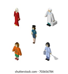 Isometric Human Set Of Housemaid, Policewoman, Female And Other Vector Objects. Also Includes Policewoman, Doctor, Medic Elements.