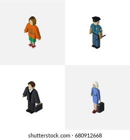 Isometric Human Set Of Investor, Lady, Hostess And Other Vector Objects. Also Includes Businessman, Hostess, Woman Elements.