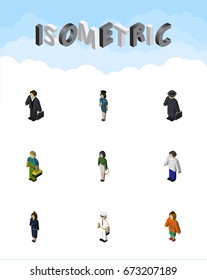 Isometric Human Set Of Lady, Pedagogue, Plumber And Other Vector Objects. Also Includes Human, Plumber, Pedagogue Elements.