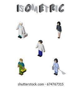 Isometric Human Set Of Medic, Male, Housemaid And Other Vector Objects. Also Includes Worker, Woman, Cleaner Elements.