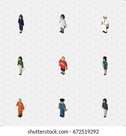 Isometric Human Set Of Officer, Doctor, Cleaner And Other Vector Objects. Also Includes Mariner, Police, Policeman Elements.