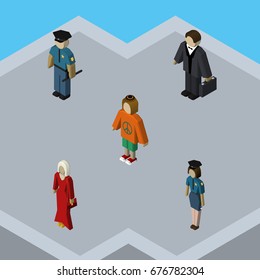 Isometric Human Set Of Officer, Lady, Policewoman And Other Vector Objects. Also Includes Hippie, Police, Policewoman Elements.
