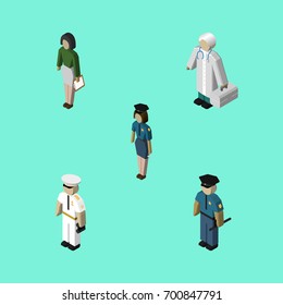 Isometric Human Set Of Officer, Seaman, Medic And Other Vector Objects. Also Includes Teacher, Sailor, Female Elements.