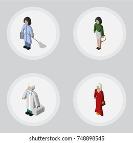 Isometric Human Set Of Pedagogue, Housemaid, Female And Other Vector Objects. Also Includes Female, Housemaid, Hospital Elements.