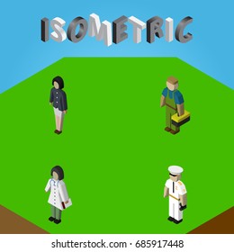 Isometric Human Set Of Plumber, Doctor, Seaman And Other Vector Objects. Also Includes Woman, Technician, Sailor Elements.