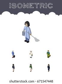 Isometric Human Set Of Plumber, Hostess, Girl And Other Vector Objects. Also Includes Cleaner, Businesswoman, Housekeeper Elements.