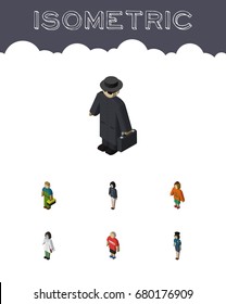 Isometric Human Set Of Policewoman, Guy, Girl And Other Vector Objects. Also Includes Technician, Agent, Detective Elements.