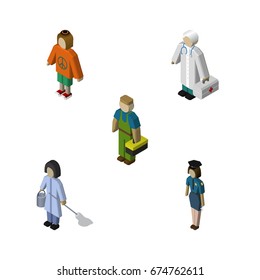 Isometric Human Set Of Policewoman, Housemaid, Medic And Other Vector Objects. Also Includes Cleaner, Woman, Housekeeper Elements.