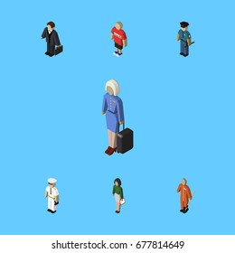 Isometric Human Set Of Seaman, Cleaner, Hostess And Other Vector Objects. Also Includes Investor, Builder, Hostess Elements.