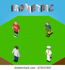 Isometric Human Set Of Seaman, Guy, Plumber And Other Vector Objects. Also Includes Sailor, Male, Worker Elements.