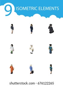 Isometric Human Set Of Seaman, Hostess, Cleaner And Other Vector Objects. Also Includes Lady, Girl, Businesswoman Elements.
