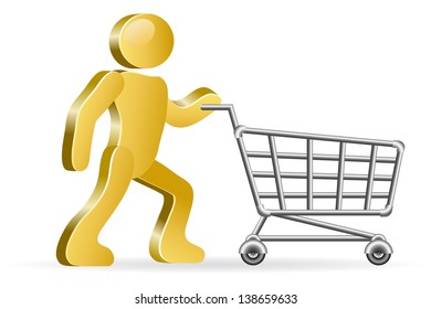 Isometric human and shopping cart. Vector illustration.
