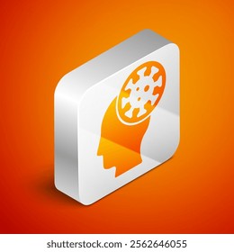 Isometric Human and virus icon isolated on orange background. Corona virus 2019-nCoV. Bacteria and germs, cell cancer, microbe, fungi. Silver square button. Vector