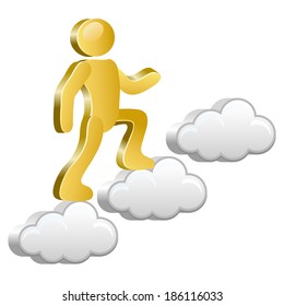 Isometric human walking up on the clouds. Vector Illustration.  