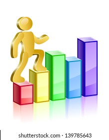 Isometric human walking up on multicoloured diagram. Vector Illustration.