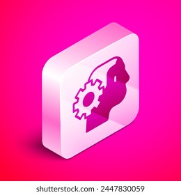 Isometric Humanoid robot icon isolated on pink background. Artificial intelligence, machine learning, cloud computing. Silver square button. Vector
