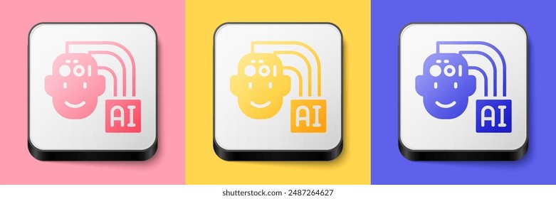 Isometrisches humanoides Robotersymbol auf rosa, gelbem und blauem Hintergrund. Künstliche Intelligenz, maschinelles Lernen, Cloud-Computing. Quadratisches Button. Vektorgrafik