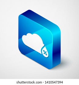 Isometric Humidity icon isolated on white background. Weather and meteorology, cloud, thermometer symbol. Blue square button. Vector Illustration
