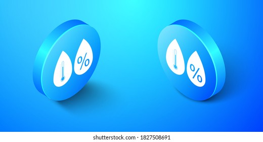 Isometrisches Symbol für Luftfeuchtigkeit einzeln auf blauem Hintergrund. Wetter und Meteorologie, Thermometersymbol. Blauer Kreis-Knopf. Vektorgrafik.