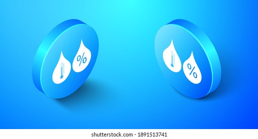 Icono de humedad isométrica aislado en fondo azul. Meteorología y meteorología, símbolo termómetro. Botón de círculo azul. Vector.