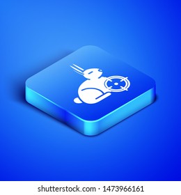 Isometric Hunt on rabbit with crosshairs icon isolated on blue background. Hunting club logo with rabbit and target. Rifle lens aiming a hare. Blue square button. Vector Illustration Isometric Hunt on rabbit with crosshairs icon isolated on blue background. Hunting club logo with rabbit and target. Rifle lens aiming a hare. Blue square button. Vector Illustration